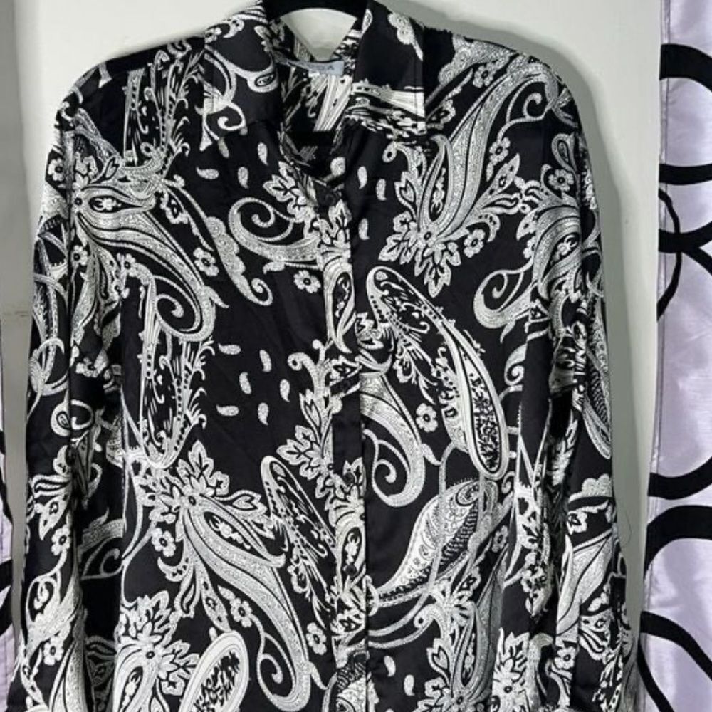 ACOA Black Paisley Button Down Shirt Tunic Length